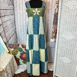 Patchwork Maxi Dress in Green and Blue